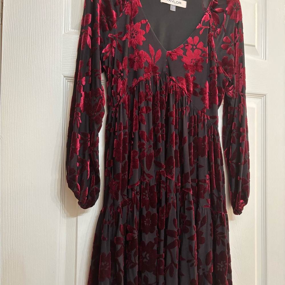 Taylor Red and Black Floral Velvet Dress